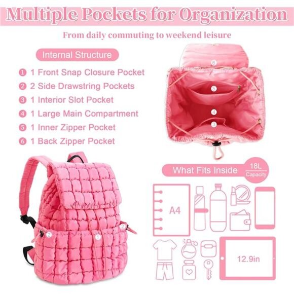 Quilted Puffer Backpack for Women, Pink - Picture 4 of 5